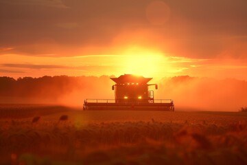 Fototapeta premium Combine Harvester Working Late Evening with Sunset Background - Agricultural Scenic View