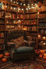 Cozy Halloween Reading Nook with Plush Chair, Spooky Books, and Ambient Lighting - Perfect for Autumn Decor
