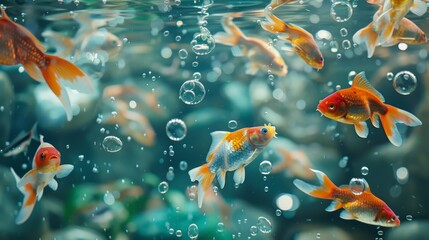 Colorful goldfish swimming underwater with bubbles around
