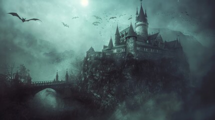 Obraz premium Eerie Moonlit Castle on a Hill with Misty Moat and Bats Flying Around Turrets