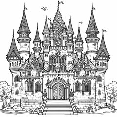 An outline drawing of a fairytale castle for coloring book with clean lines and white background.
