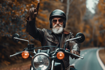 A man with a beard and glasses is riding a motorcycle and giving the thumbs up sign. He is wearing a leather jacket and sunglasses