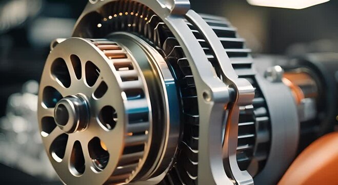 Close-up view of car alternator with drive belt on wooden table