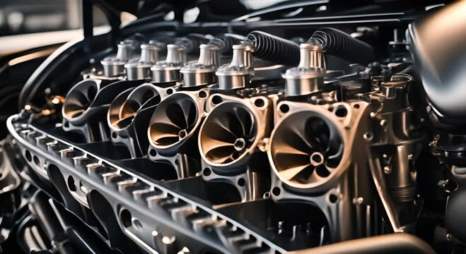 Strong and luxurious chrome engine block in a workshop with light