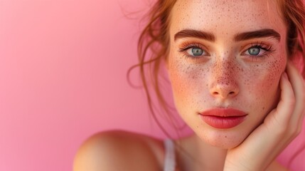 Beautiful woman with freckles poses against a pink background