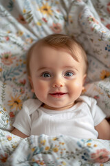 Happy smiling baby lying flat on a bed with flowery sheets in a bright room with natural light, wearing a white onesie