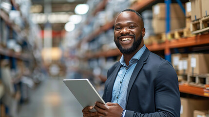 Confident male warehouse manager using a tablet in a storeroom