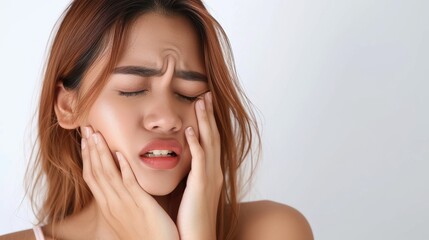 Obraz premium Woman with a toothache, holding her cheek