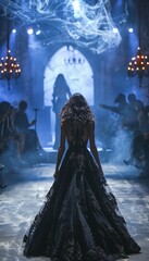 Halloween Fashion Show Runway with Gothic Costumes and Eerie Lighting for Spooky Ambiance