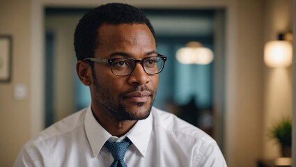 Obraz premium A professional businessman wearing glasses and a tie, looking thoughtful, in a modern office setting