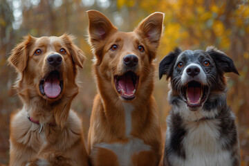 Three dogs with open mouths, barking joyfully, create a hilarious scene. This image is perfect for dog memes, playful pet care content. copy space