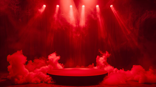 red podium with spotlight and red clouds on the floor 