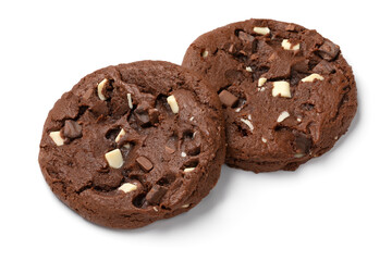 Pair of homemade sweet dark American chocolate chip cookies isolated on white background close up