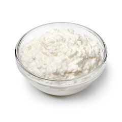 Glass bowl with Cottage cheese isolated on white background close up