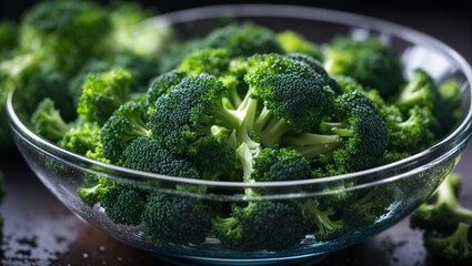 Close-up photo of fresh broccoli on a glass bowl