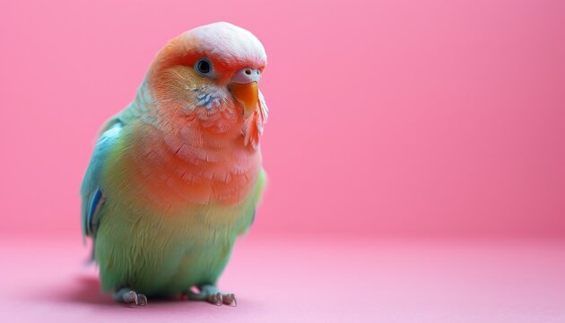 A cute Parrotlet sitting on a solid pastel background with space above for text