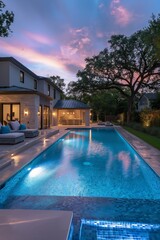 Fototapeta premium A luxurious modern home with a stunning pool, contemporary architecture, and beautiful outdoor landscape.