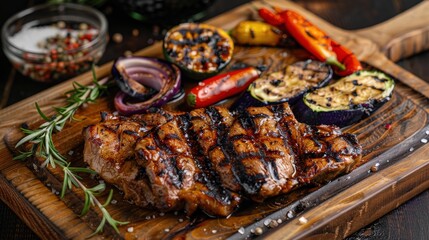 A sizzling pork steak, its edges charred to perfection, rests atop a rustic wooden platter, accompanied by a vibrant medley of grilled vegetables. The tantalizing aroma of smoke and spices fills the a