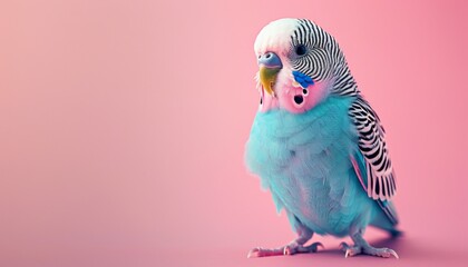 A cute Parakeet sitting on a solid pastel background with space above for text