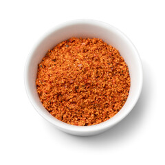 Bowl with a mixture from Mexican seasoning made from chili, lime and sea salt isolated on white background