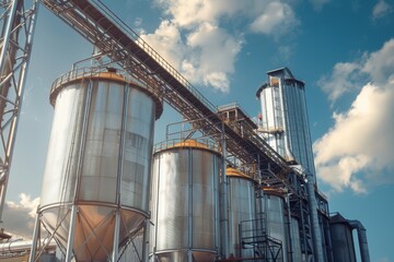 Modern Grain Elevator in Action with Metal Silos and Conveyor Belts Under a Blue Sky