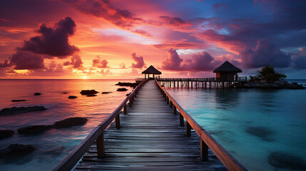 Obraz premium Maldives sunset: luxury resort villas with vibrant colors, blue sea and sky, and a fantastic jetty. Perfect summer vacation background with a tranquil tropical beach landscape.