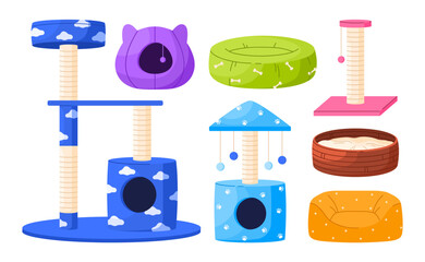 Set of cat furniture for sleep. Collection of pet bed houses, cat tree with climbing platforms, toys and scratching post. Cat towers and baskets. Isolated vector illustration in cartoon style