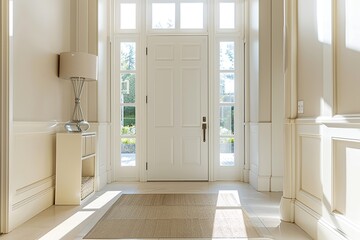 Doors for modern interior. Closed wooden door, in the empty hall. Front door entrance to grand house. Element of apartment design. Countryside cottage double front wood entry Doors with glass panels