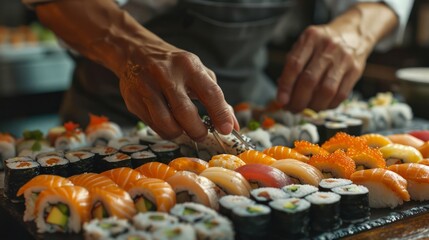 A sushi chef preparing a colorful platter of assorted sushi, showcasing his skills and precision. 