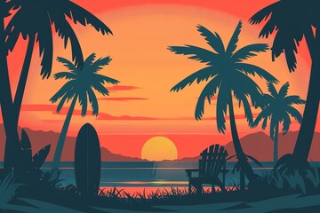 Summer tropical beach background with palms, sky sunrise and sunset. Summer vacation background cartoon concept. Summertime
