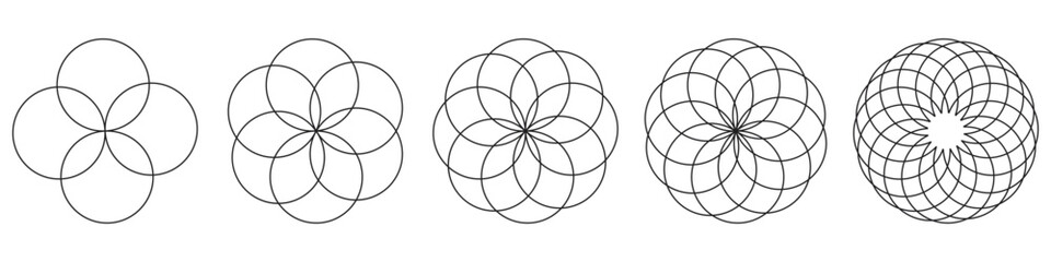 Intersecting, overlapping circles, rings element. Vector illustration. Isolated on white background.