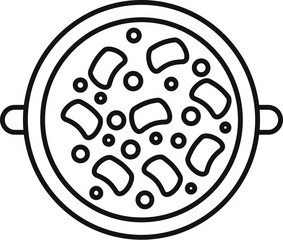 Simple line drawing of a cooking pot containing delicious soup with potatoes and herbs