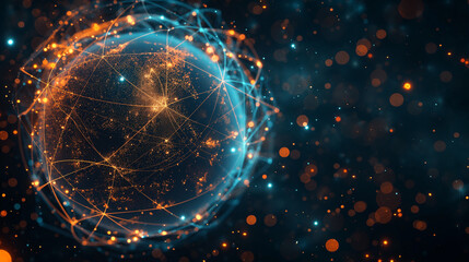 Obraz premium a blue and orange globe surrounded by lines and dots of light and dots of dots on a black background
