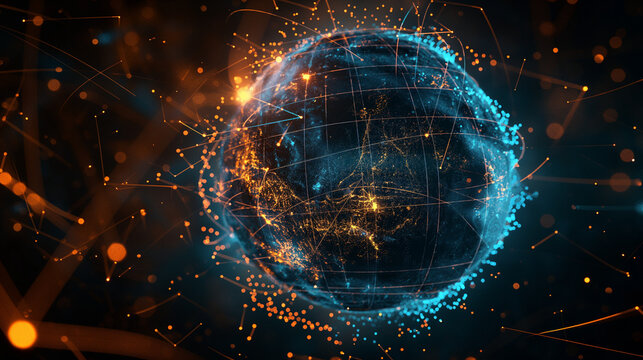 a blue and orange globe surrounded by lines and dots of light and dots of dots on a black background
