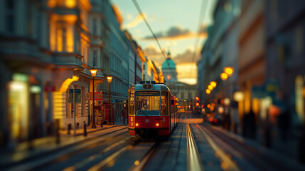Obraz premium a city street with a train on the tracks at dusk time, with buildings and a sky line in the background