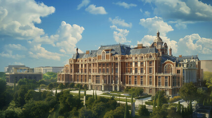 Naklejka premium a large building with a lot of windows and a sky background with a few clouds in the sky above it