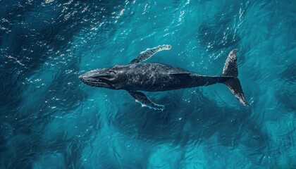 Obraz premium Aerial view of a majestic whale swimming in clear blue ocean waters, showcasing the beauty and scale of marine wildlife.