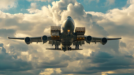 A large white airplane is flying through a cloudy sky