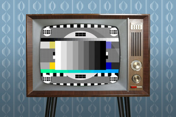 old retro analog TV in room with old fashioned wallpaper, red button, blank screen for designer...