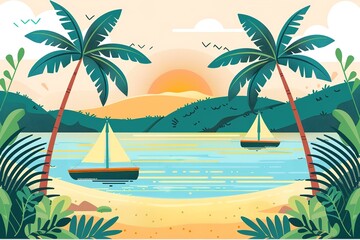 Tropical Sea beach background, landscape with sand beach, sea water edge and palm trees. Colorful vector art illustration, banner, wallpaper.