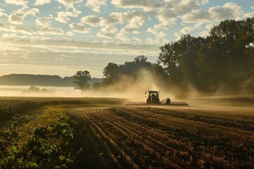 Fototapeta premium Early Morning Harvesting with Tractor under Dawn Mist in Serene Farmland Landscape