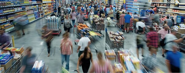 Image captures a busy shopping day with many customers and carts in a retail warehouse environment.