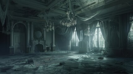 Fototapeta premium An abandoned, decaying grand hall with broken windows and shadows, showcasing eerie beauty and haunting atmosphere.