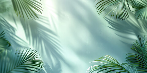 Fototapeta premium Elegant Summer Background with Palm Leaves and Shadows on Light Green Pastel Gradient, Perfect for Minimalistic Product Displays and Text Features