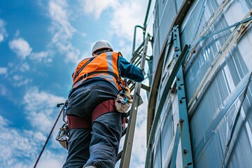 Worker Climbing Silo Ladder for Grain Inspection with Safety Gear on a Clear Day