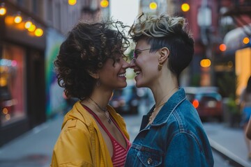 Obraz premium LGBTQ couple talking intimately in a vibrant city street close up, focus on joy and togetherness vibrant Blend mode city backdrop