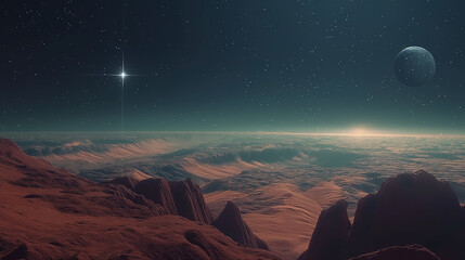 a space scene with a distant planet and stars in the sky, and a distant star in the distance