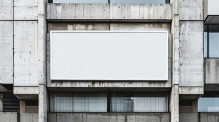 Obraz premium Blank white billboard mounted on an urban concrete building facade, ideal for advertisement or promotional content.