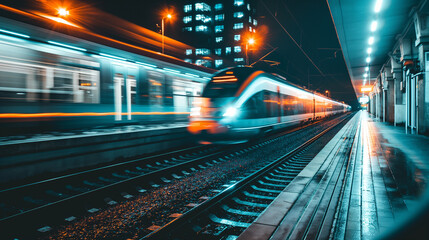 Obraz premium a train traveling down train tracks next to a train station with lights on it's sides and a train passing by