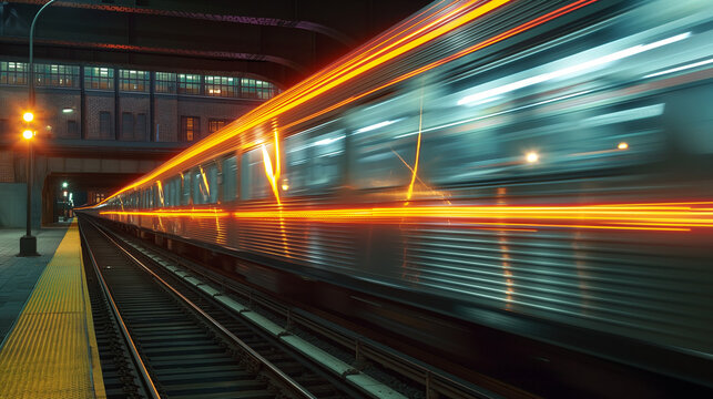 a train traveling down train tracks next to a train station with lights on it's sides and a train passing by